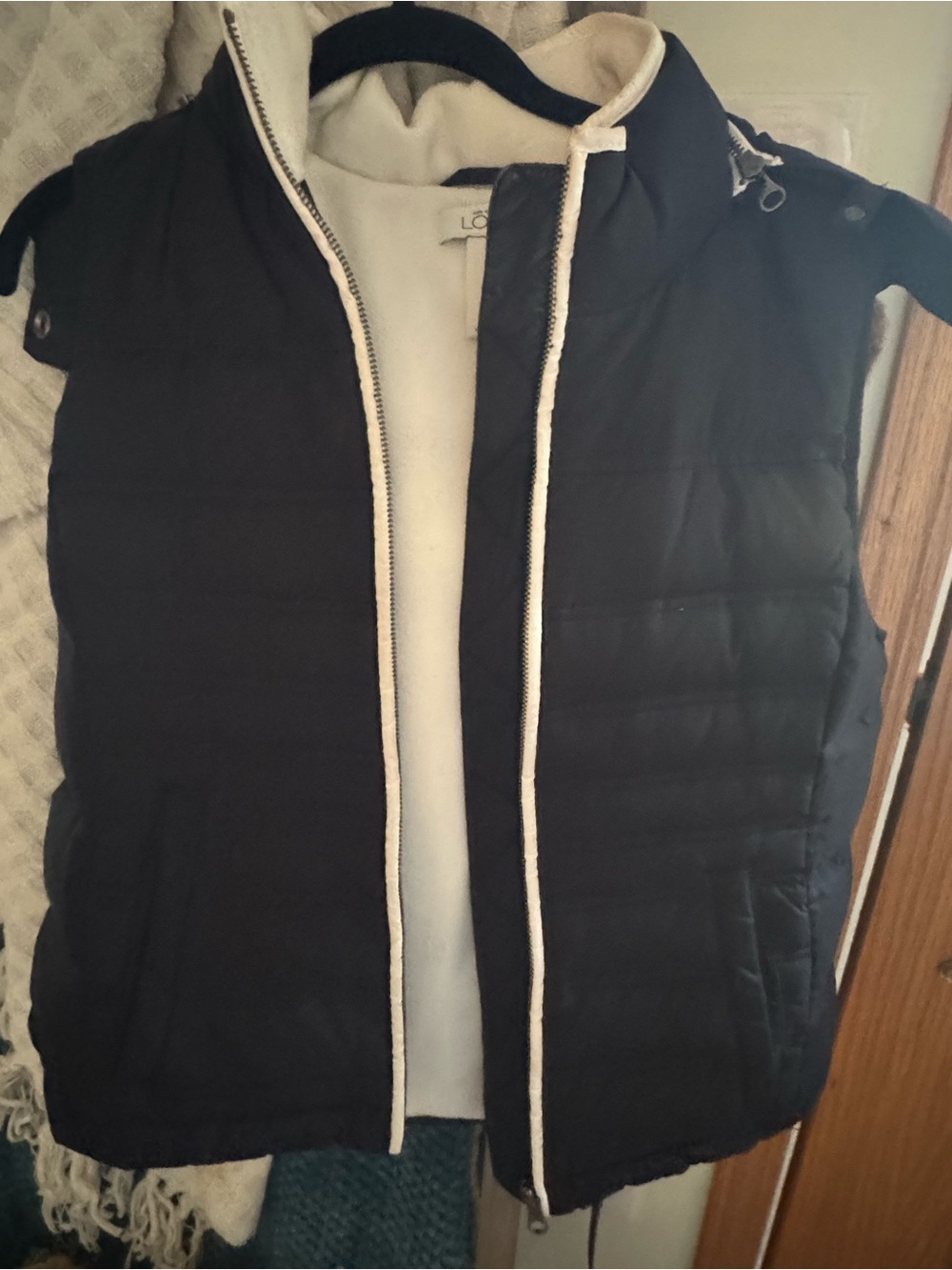LOFT Black Quilted Puffer Vest with Cream Trim